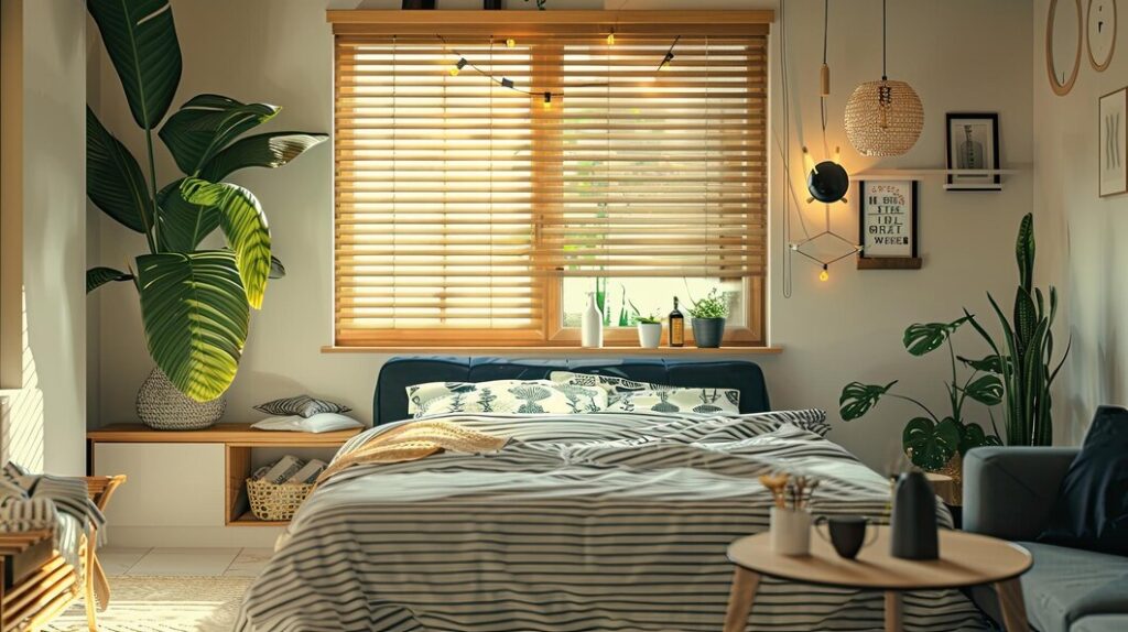 bedroom with wooden material of its quality blinds